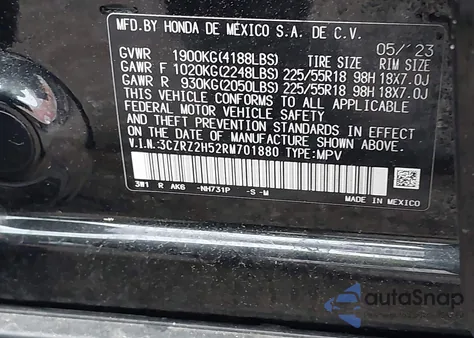 2024 Honda Hr-V Awd Sport/Awd Sport W/O Bsi z USA, uszkodzony, nr VIN 3CZRZ2H52RM701880